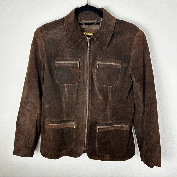 I. e. Relaxed Petite Woman Brown Suede Leather Jacket with Four Zipper Pockets - Picture 1 of 9